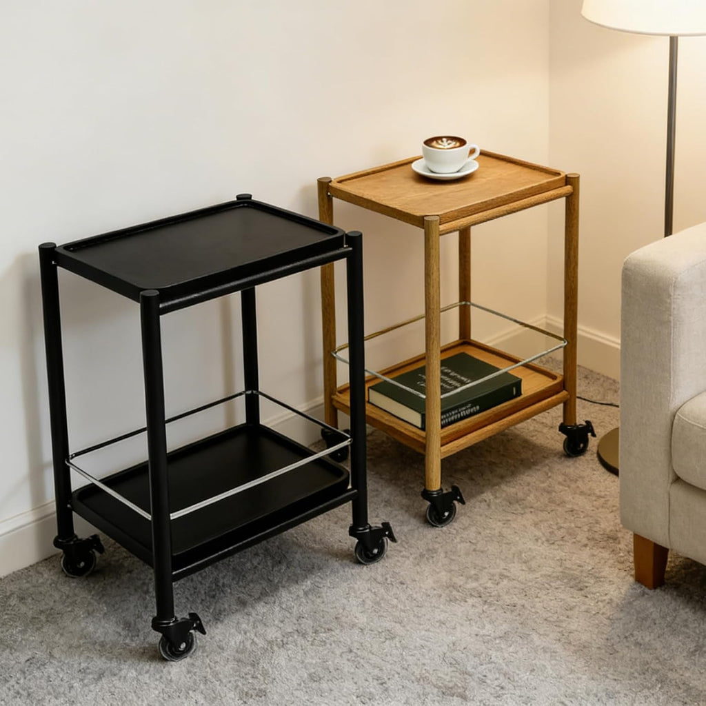 Acacia Wood Rolling Side Table, 2-Tier with Lockable Wheels & Removable Tray, Sturdy Durable for Bar Cart, Nightstand, End Table, Sofa Table