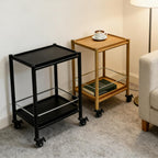 Acacia Wood Rolling Side Table, 2-Tier with Lockable Wheels & Removable Tray, Sturdy Durable for Bar Cart, Nightstand, End Table, Sofa Table