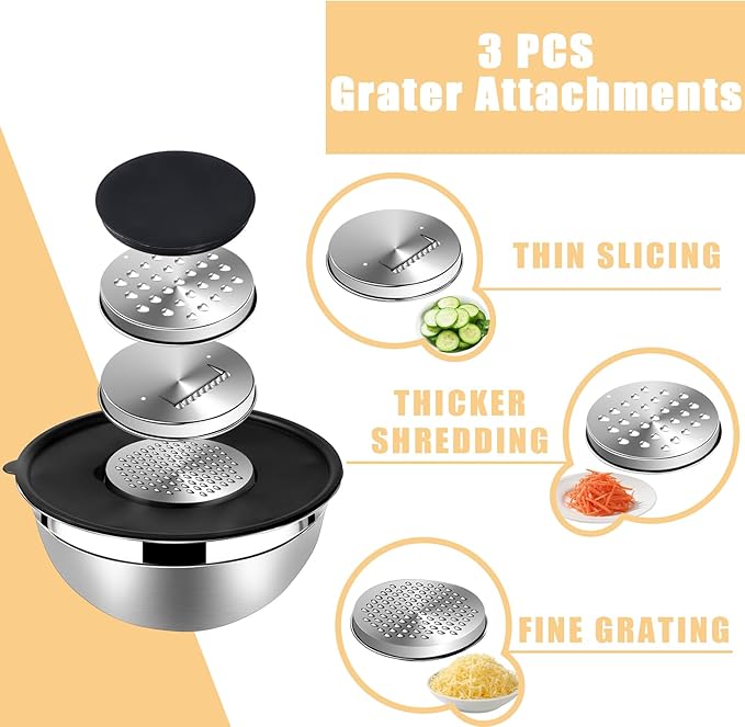 Lazycorner Stainless Steel Mixing Bowls with Airtight Lids Set of 7 Stainless Steel Bowls Set with 3 Grater Attachments Great for Serving & Baking