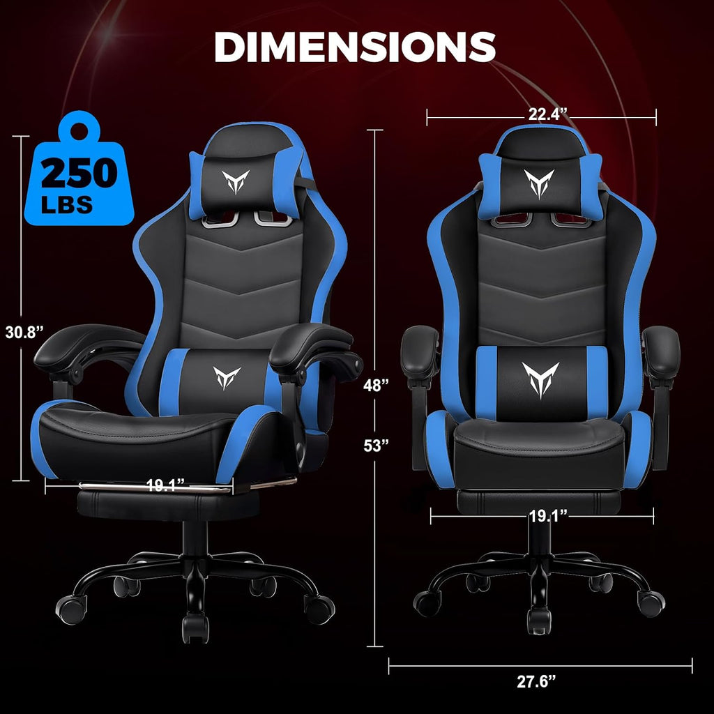 GTPLAYER Gaming Chair with Footrest, Video Game Chairs Racing Style PC Game Chairs 350lbs for Adults - Padded High Back Ergonomic Reclining Silla Gamer, Linkage Armrest, Blue
