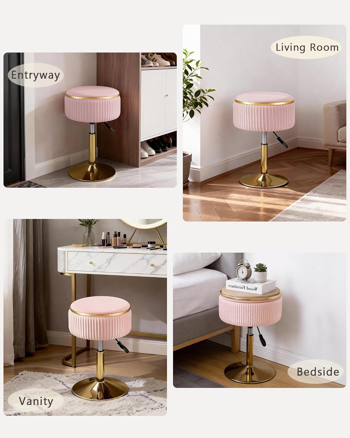 LITZFUR Adjustable Vanity Stool with Storage, 360° Swivel Gold Chair, Velvet Small Round Ottoman Footrest for Bathroom, Makeup Room, Pink