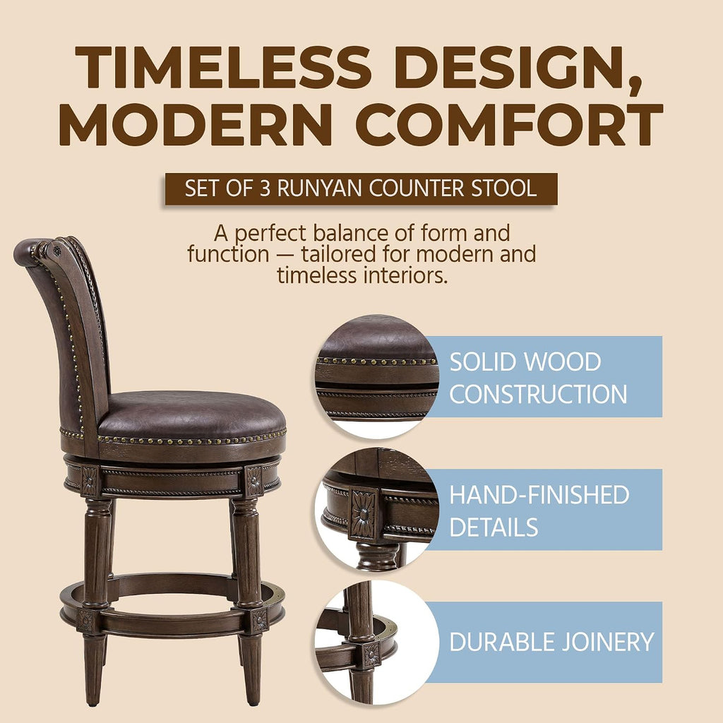 ROME + OAK Runyan 26 Swivel Counter Stool, Set of 3 | Rotating High Back Barstool in Dark Walnut Finish with Vintage Brown Vegan Leather Seat
