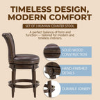 ROME + OAK Runyan 26 Swivel Counter Stool, Set of 3 | Rotating High Back Barstool in Dark Walnut Finish with Vintage Brown Vegan Leather Seat