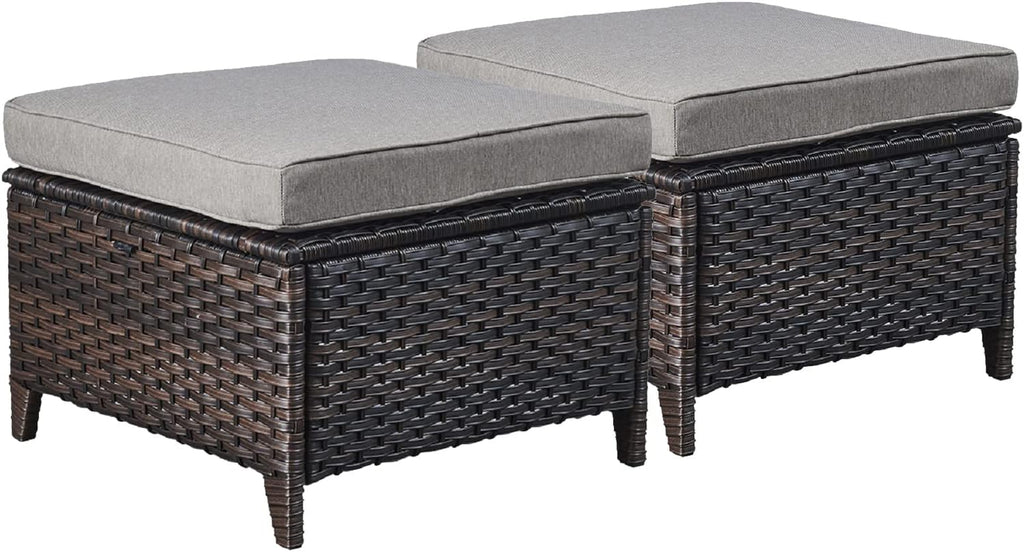 Outdoor Ottomans Patio Foot Rest - 2 Piece Wicker Rattan Ottoman Footrests Footstools with Comfortable Cushions for Patio Porch Deck Balcony Garden(Brown Wicker/Grey Cushion)