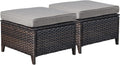 Outdoor Ottomans Patio Foot Rest - 2 Piece Wicker Rattan Ottoman Footrests Footstools with Comfortable Cushions for Patio Porch Deck Balcony Garden(Brown Wicker/Grey Cushion)