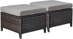 Outdoor Ottomans Patio Foot Rest - 2 Piece Wicker Rattan Ottoman Footrests Footstools with Comfortable Cushions for Patio Porch Deck Balcony Garden(Brown Wicker/Grey Cushion)