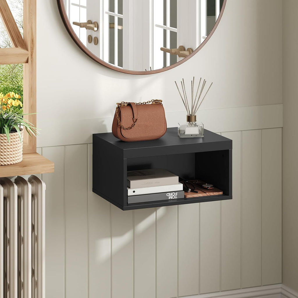 MAHANCRIS Floating Nightstand Set of 2, Wooded Wall Mounted Nightstand, Floating Bedside Table with Open Shelf Cubby, Floating Night Stand Wall Shelf for Bedroom Living Room, Kitchen, Black ETBK4901S2