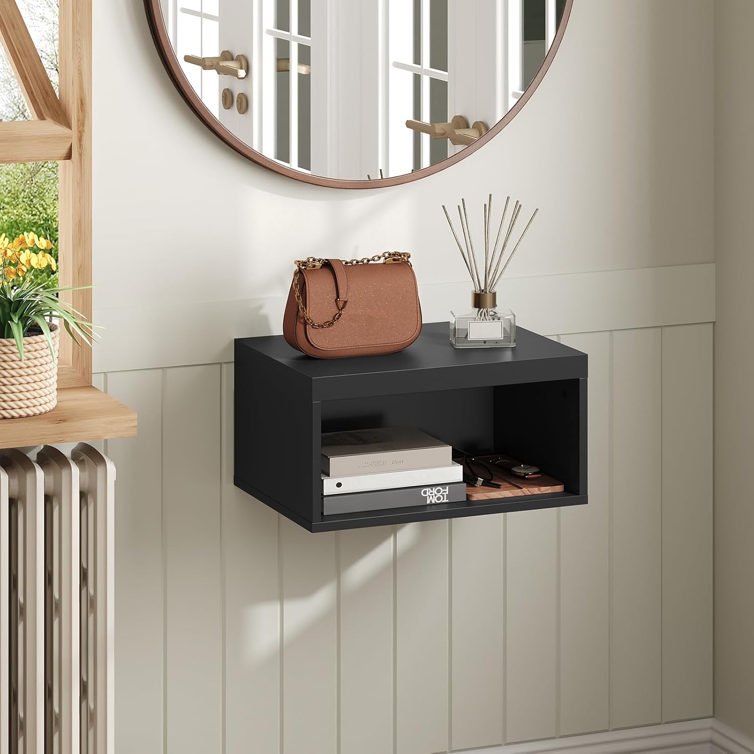 MAHANCRIS Floating Nightstand Set of 2, Wooded Wall Mounted Nightstand, Floating Bedside Table with Open Shelf Cubby, Floating Night Stand Wall Shelf for Bedroom Living Room, Kitchen, Black ETBK4901S2