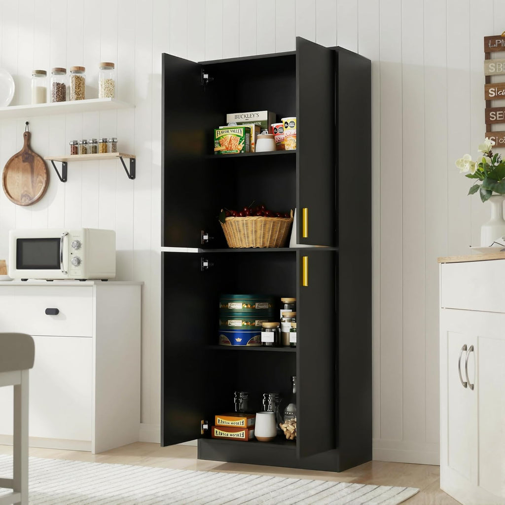 Cozy Castle Kitchen Pantry Cabinet, 71" Tall Wood Storage Cabinet with Doors and Shelves 4 Doors Freestanding Cupboard for Dining Room Living Room Furniture, Black | Wood Storage Cabinet