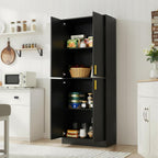 Cozy Castle Kitchen Pantry Cabinet, 71" Tall Wood Storage Cabinet with Doors and Shelves 4 Doors Freestanding Cupboard for Dining Room Living Room Furniture, Black | Wood Storage Cabinet