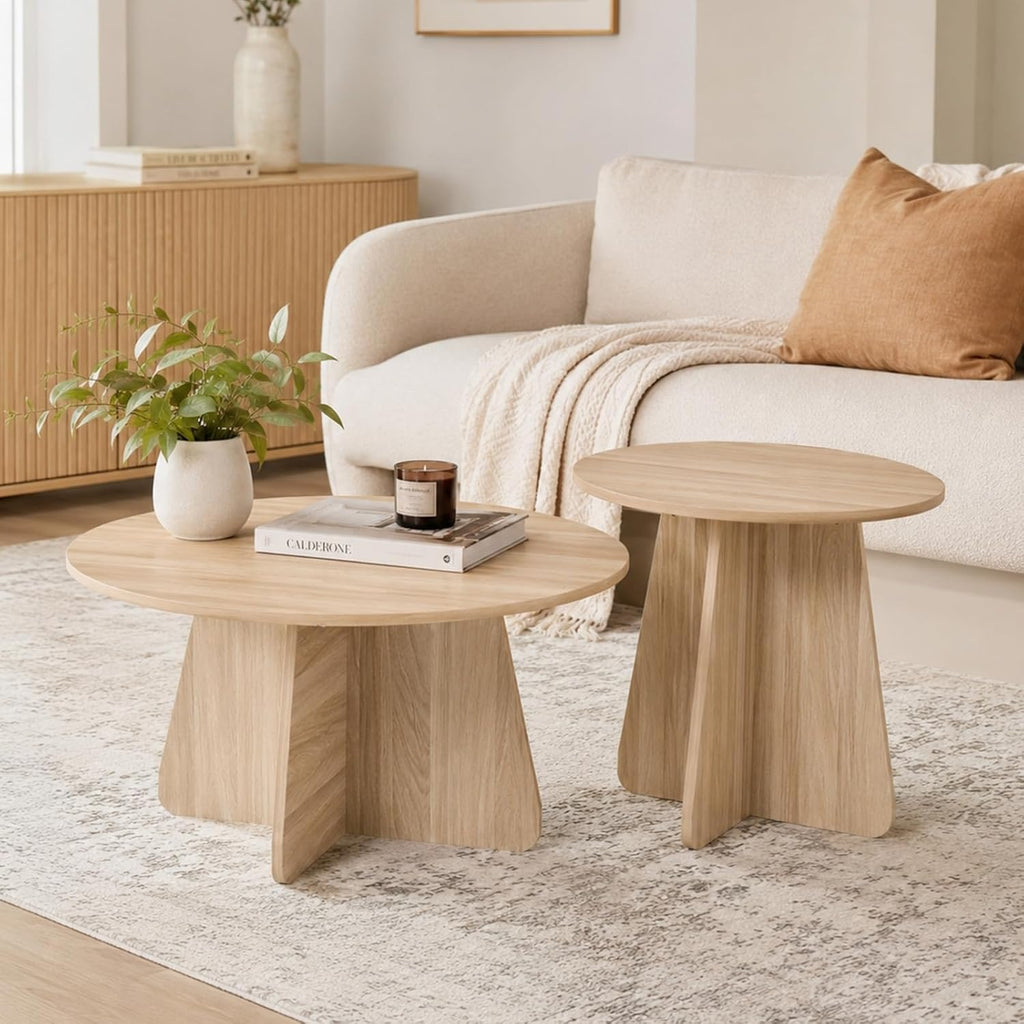 Round Wooden Coffee & Side Tables with Tapered Base, Wood | Nesting Coffee Table Set of 2, Modern Accent Furniture for Living Room Bedroom, Space-Saving Design