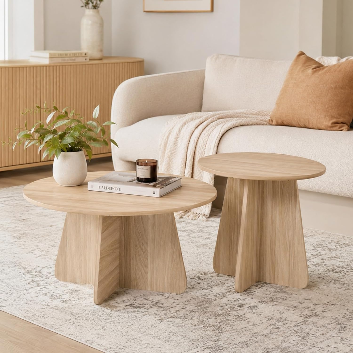 Round Wooden Coffee & Side Tables with Tapered Base, Wood | Nesting Coffee Table Set of 2, Modern Accent Furniture for Living Room Bedroom, Space-Saving Design