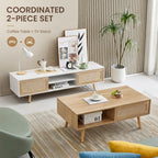 Boho Coffee Table & TV Stand Set of 2, Sliding Door Storage, Natural | Boho Entertainment Center Sturdy Frame, Natural TV Console Coffee Table with Sliding Door, Living Room Storage, Easy Assembly