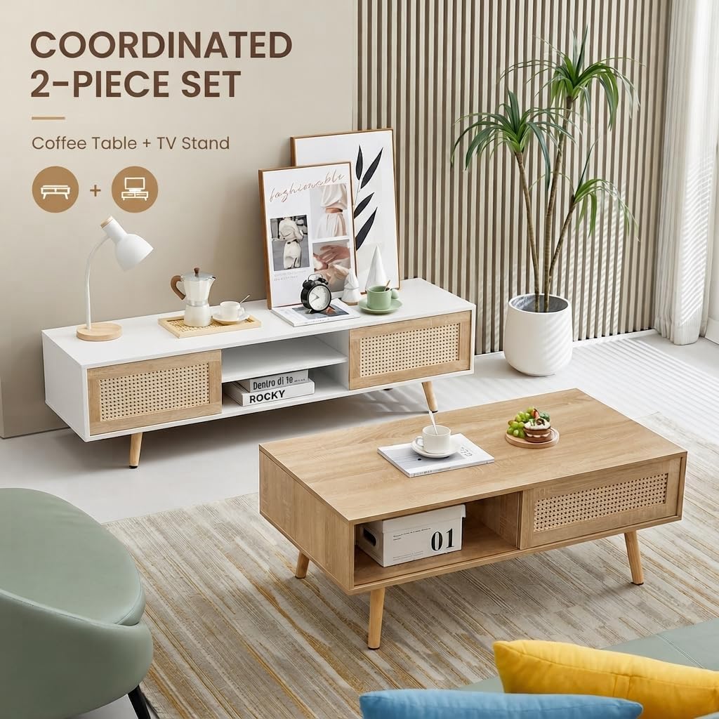 Boho Coffee Table & TV Stand Set of 2, Sliding Door Storage, Natural | Boho Entertainment Center Sturdy Frame, Natural TV Console Coffee Table with Sliding Door, Living Room Storage, Easy Assembly