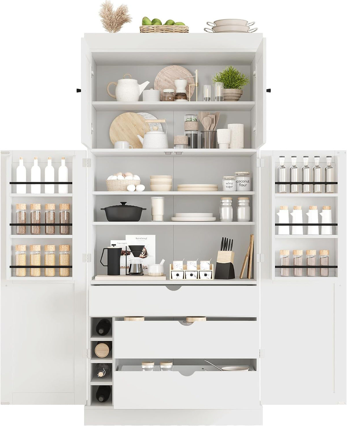 roomfitters 77'' Kitchen Pantry Organizers and Storage Kitchen Cabinet, with Door Spice Racks, Wine Rack, 3 Drawers, White
