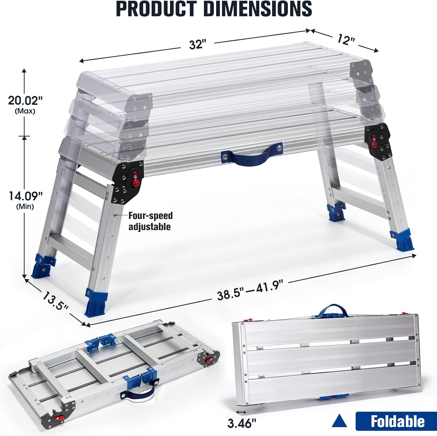 Aluminium Work Platform 660 Lbs, Portable Scaffolding Platform with One-Touch Automatic Fold, 4 Height Adjustment Step Stool, Perfect for RV Cleaning, Home Painting and Reaching High Places, Upgraded