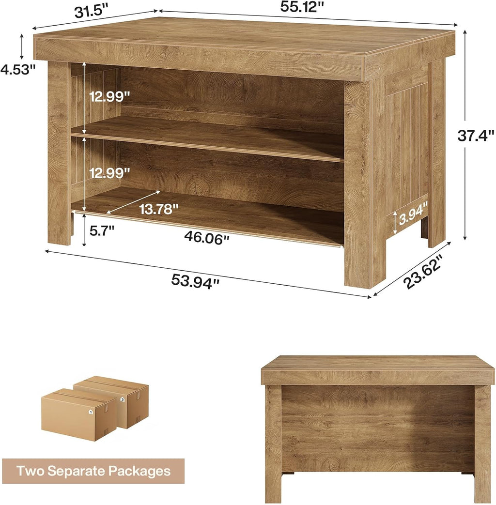 Tribesigns 55" Kitchen Island with Storage & Seating (Natural Brown | Farmhouse Wooden Island with Stationary Worktop, Open Shelves, and Legroom, Dining Prep Station for Home Kitchen