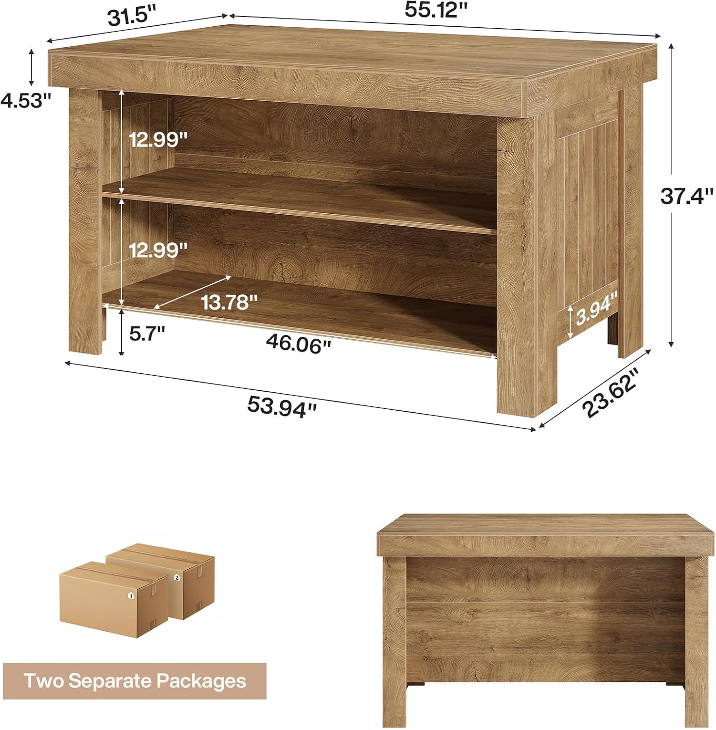 Tribesigns 55" Kitchen Island with Storage & Seating (Natural Brown | Farmhouse Wooden Island with Stationary Worktop, Open Shelves, and Legroom, Dining Prep Station for Home Kitchen