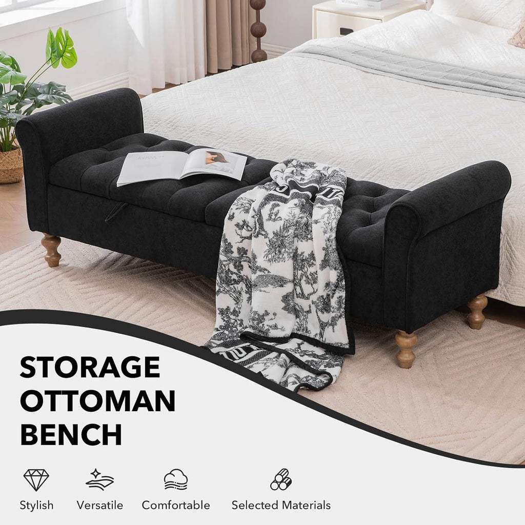 65" Oversize Storage Ottoman Bench, Fleece Upholstered End of Bed Benches with Rolled Armrest, Modern King Size Benches with Rolled Armrest, Window Bench (Black+Dual-Cover)