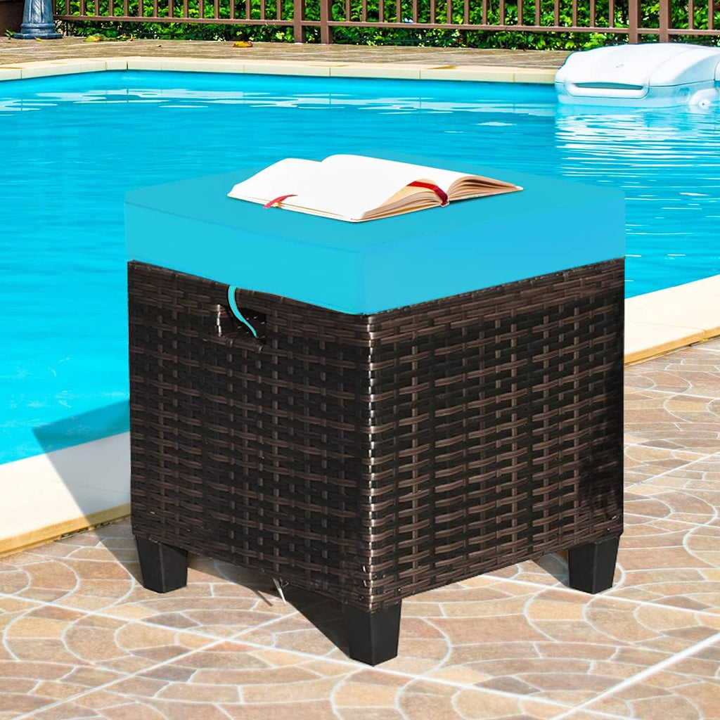 2PCS Patio Outdoor Ottomans, Rattan Wicker Ottoman Seat w/Removable Cushions, Rattan Footstool Footrest Seat, Patio Wicker Furniture Small Chair for Home,Patio, Garden, Backyard (Turquoise)
