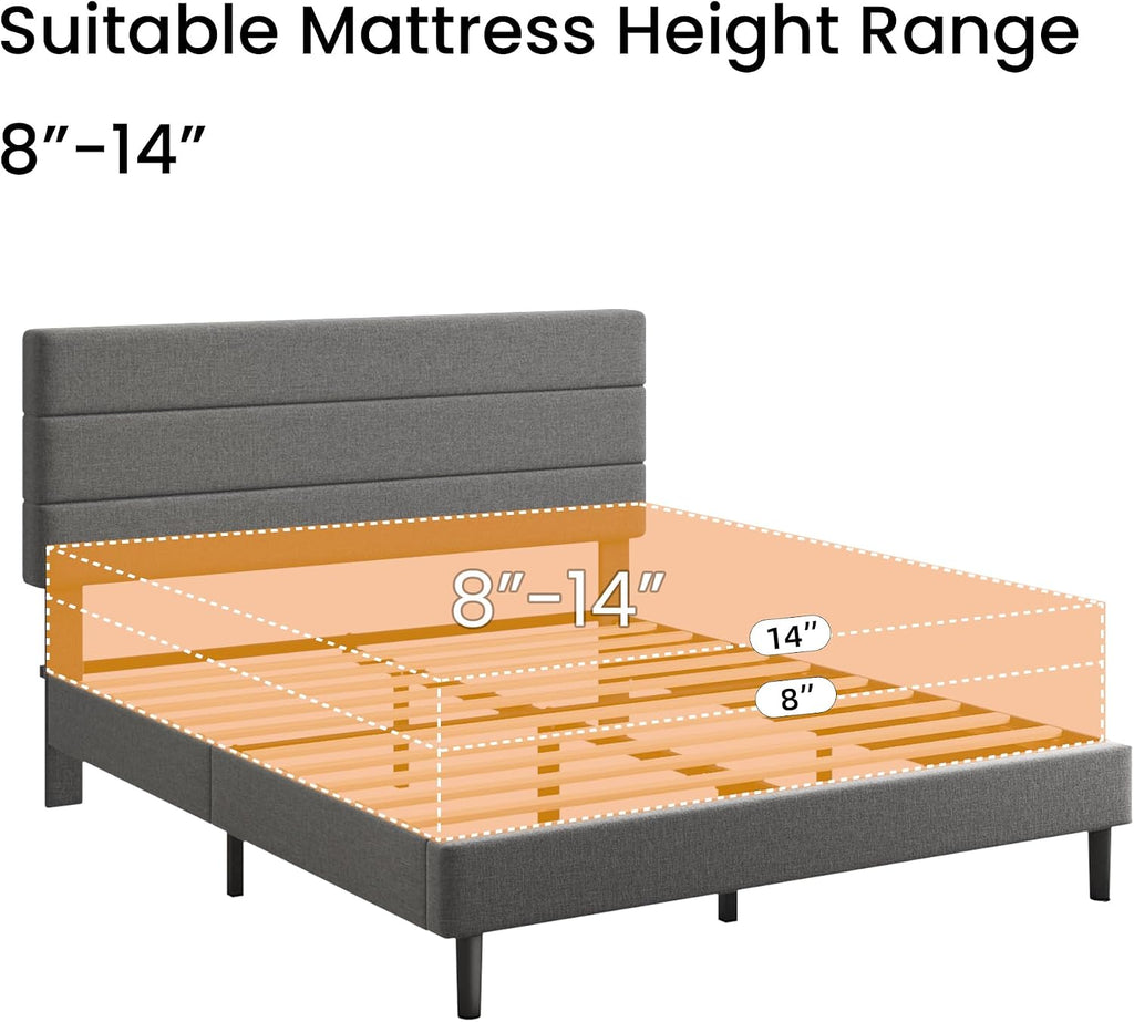 Queen Platform Bed Frame with Adjustable Linen Fabric Upholstered Headboard, Strong Slats Support, Noise-Free, No Box Spring Required, Easy Assembly for Bedroom Guest Room, Grey