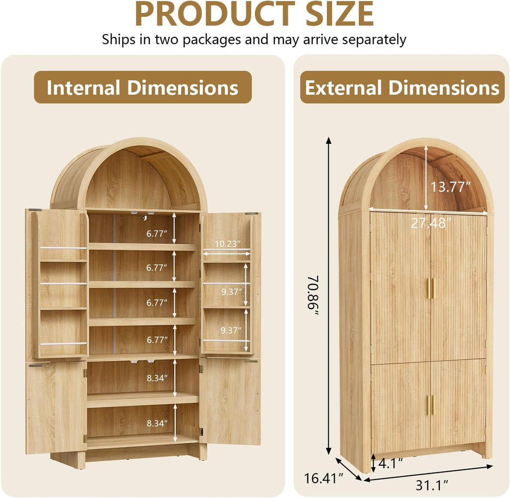 Arched Cabinet, 71" Tall Arched Kitchen Pantry Storage Cabinet with Doors, Modern Fluted Kitchen Storage Cabinet with Adjustable Shelves, Natural Cupboard for Kitchen, Dining Room, Bathroom