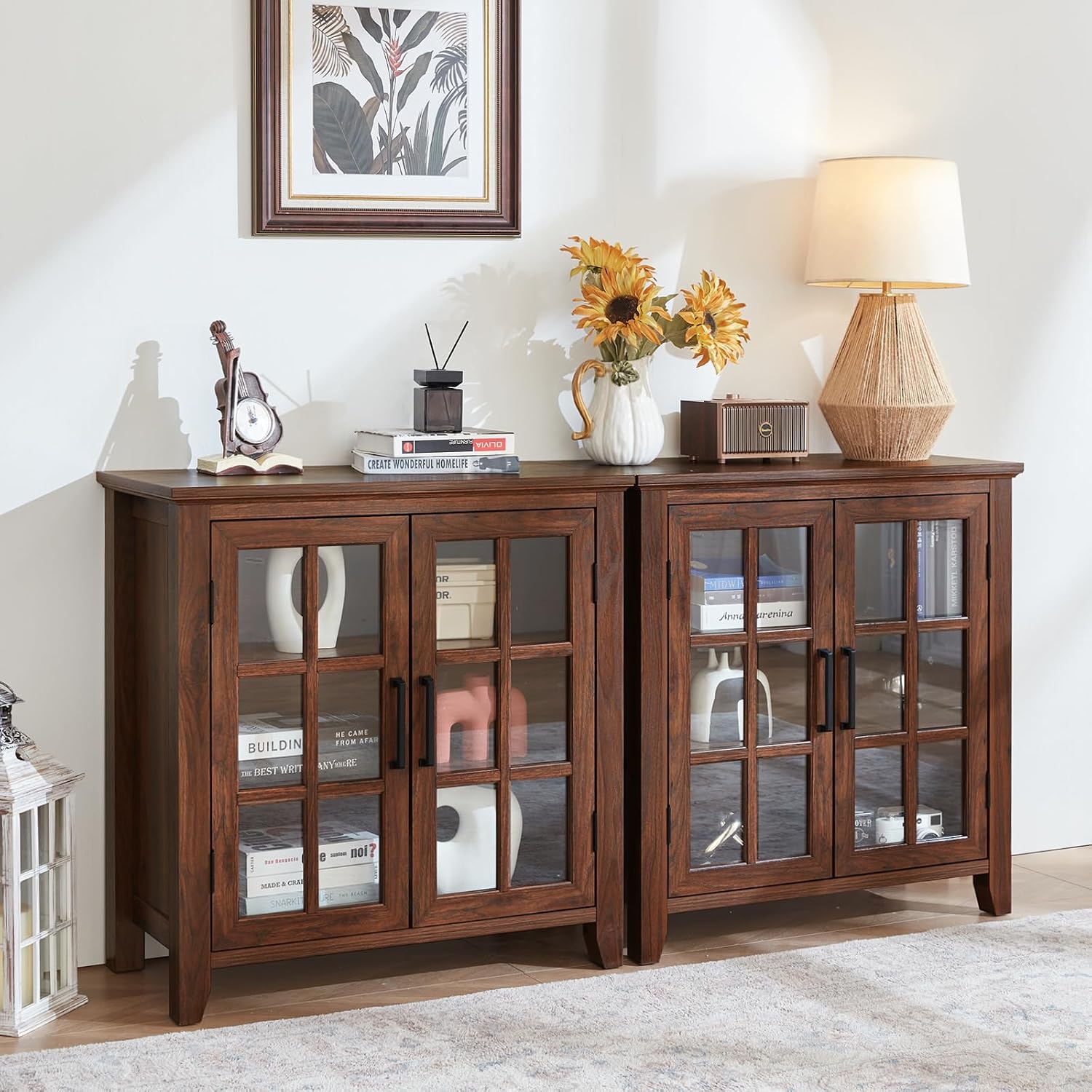 Joaxswe Large Sideboard Buffet Cabinet with Storage, 32" Farmhouse Brown Kitchen Coffee Wine Bar Cabinet with 2 Glass Doors, Wood Mid Century Modern Side Board Table for Dining Room, Living Room