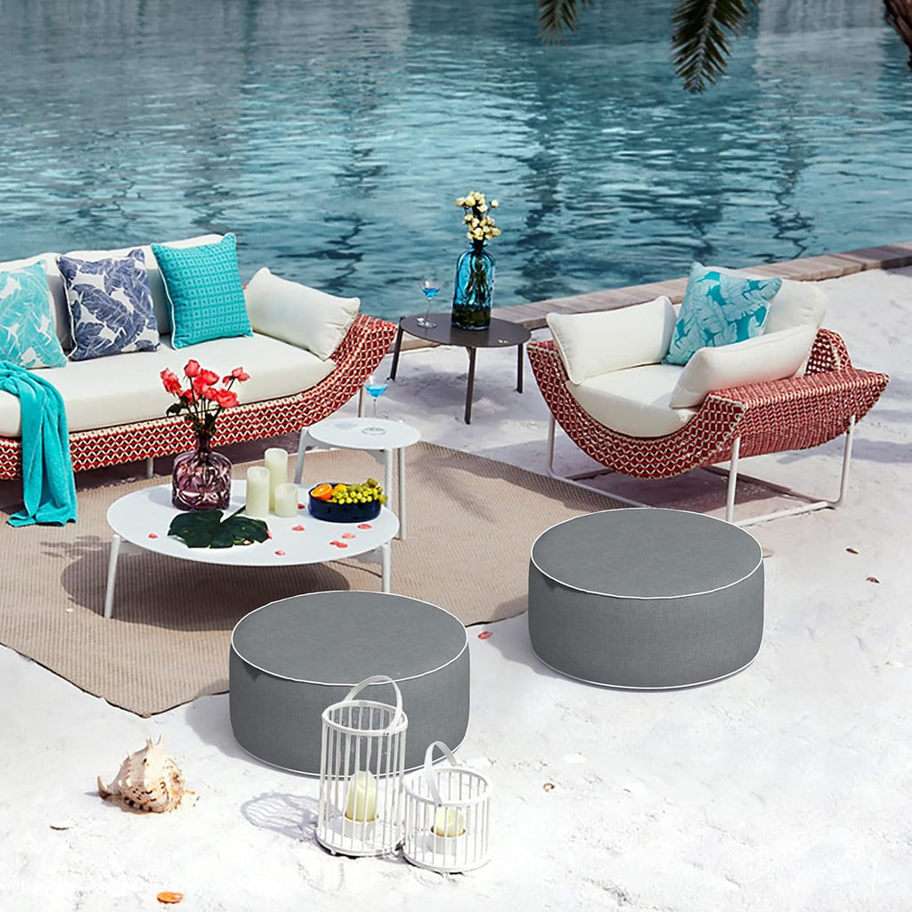 Indoor/Outdoor Inflatable Ottoman D21 x H9 inch, Round Footstool Inflatable Foot Rest Ottoman with Handle, Portable Pouf for Patio, Garden, Camping, Home, Textured Gray