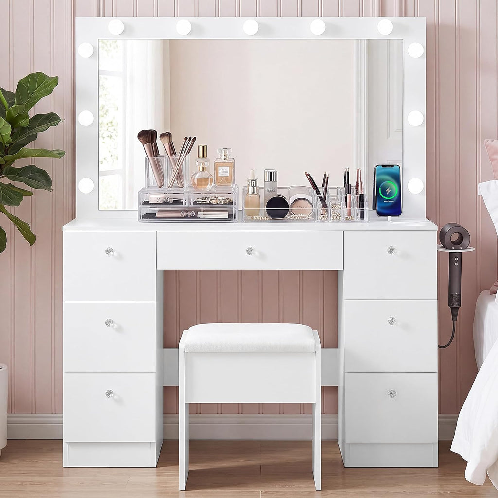 SweetGO 46" LED Lighted Makeup Vanity Desk, 7 Smooth-Glide Drawers, USB & AC Charging Station, Adjustable 3 Light Modes, Cushioned Stool Included, White