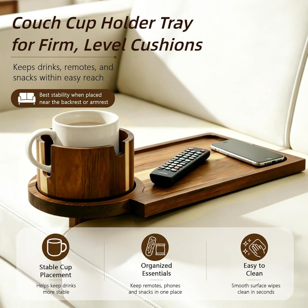 Solid Acacia Wood Couch Cup Holder Tray for Sofa Gap, 3-in-1 Couch Caddy with 360° Rotating Cup Holder, Couch Tray Alternative for Firm Cushions, Snacks, Remote & Phone