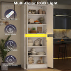 Furnify 71" Tall Pantry Cabinet with LED Light and High Gloss Doors, White | Kitchen Freestanding Pantry Storage Cabinet with Adjustable Shelves, Modern Buffet Hutch Cabinet for Dining Room, Living Room