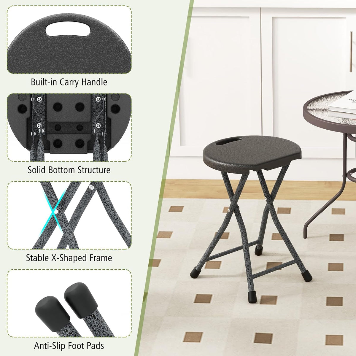 GYMAX Folding Stool, 18in Portable Collapsible Bar Stool with Handle & Steel Frame, 330lbs Sturdy Foldable Lightweight Metal Chair for Outdoor/Indoor Kitchen Home Bar, Assembly Free (Set of 1, 18inch)