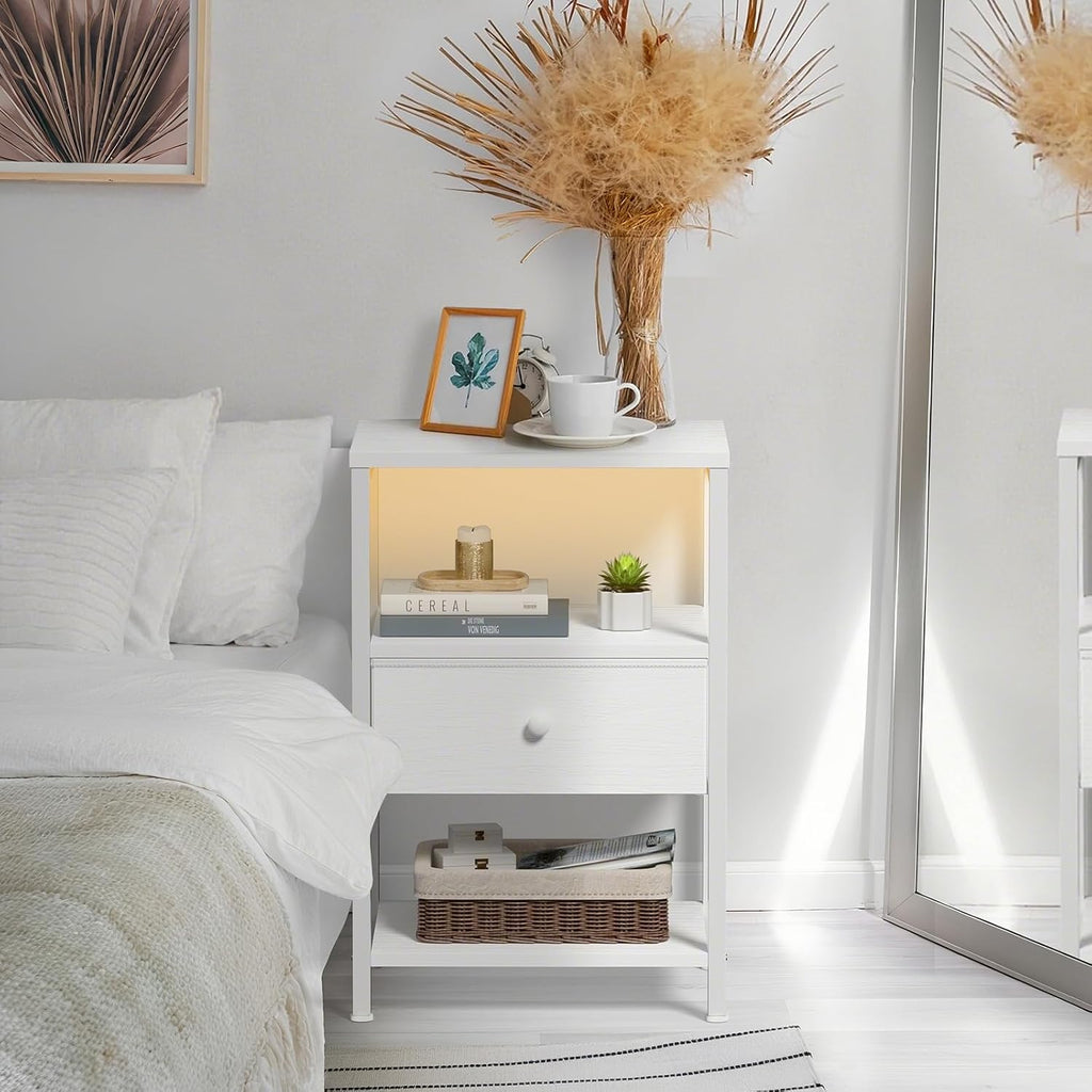 BOLUO White Nightstand with Charging Station, LED Night Stand with Fabric Drawers and Shelf, Bedside Table with USB Ports and Outlets, Bedroom Nightstand Modern