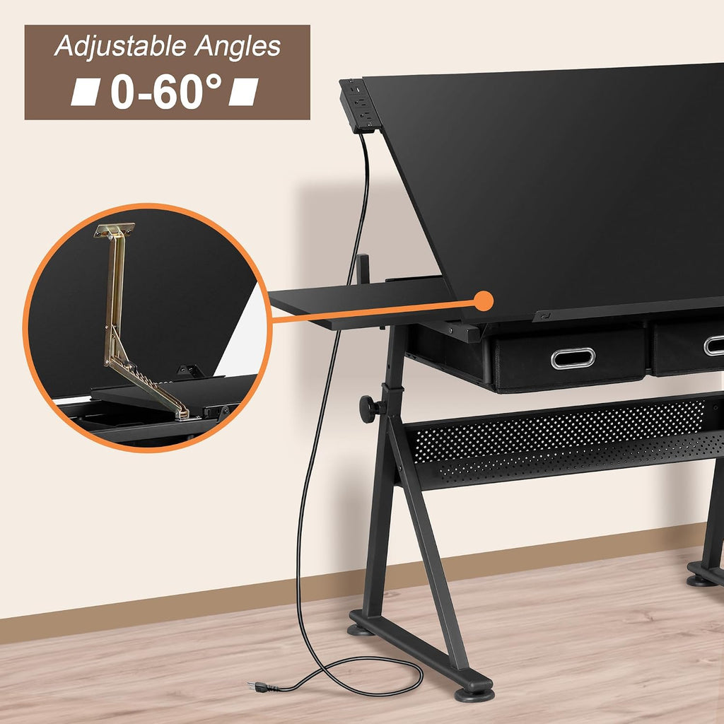 ZENY Adjustable Drafting Table with Stool Tilting Drawing Desk Artist Table | with Outlet, Storage Drawers, Art Craft Workstation for Home Office Reading, Writing, Crafting, Black