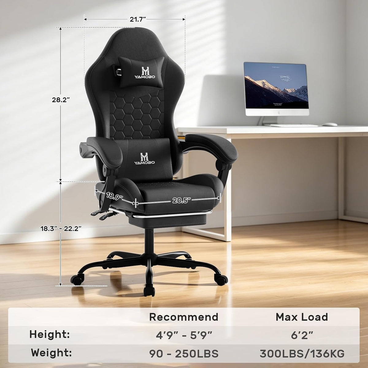 Gaming Chair, Computer Office Chair with Footrest, Adjustable Height & Backrest Gaming Chairs with Swivel for Adults, High Back PU Leather Ergonomic Chair with Lumbar Support, Black