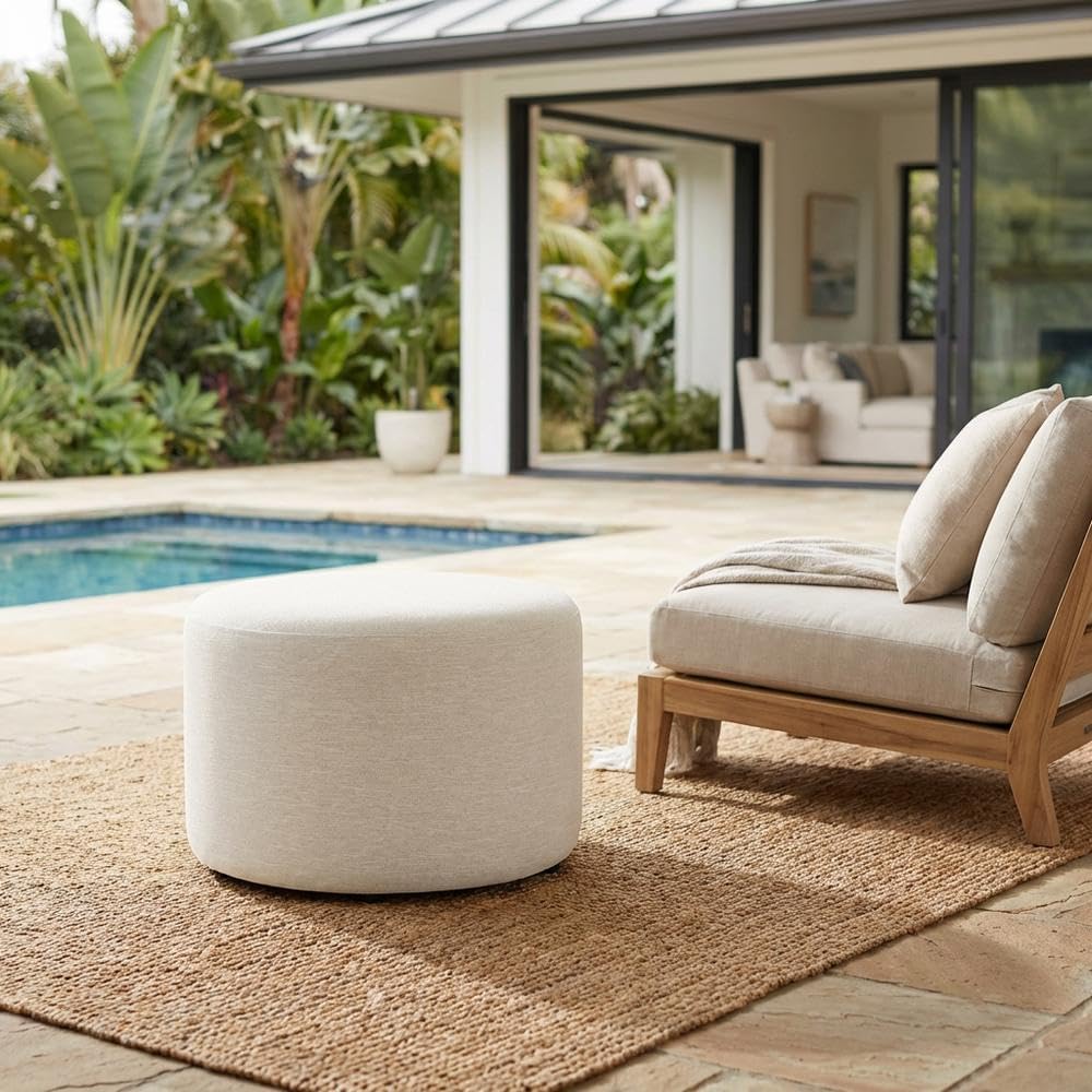 White Woven Heathered Fabric Ottoman, 23-Inch Round, Comfortable Outdoor Lounge Seat, Stylish, Durable for Patio and Garden