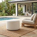 White Woven Heathered Fabric Ottoman, 23-Inch Round, Comfortable Outdoor Lounge Seat, Stylish, Durable for Patio and Garden