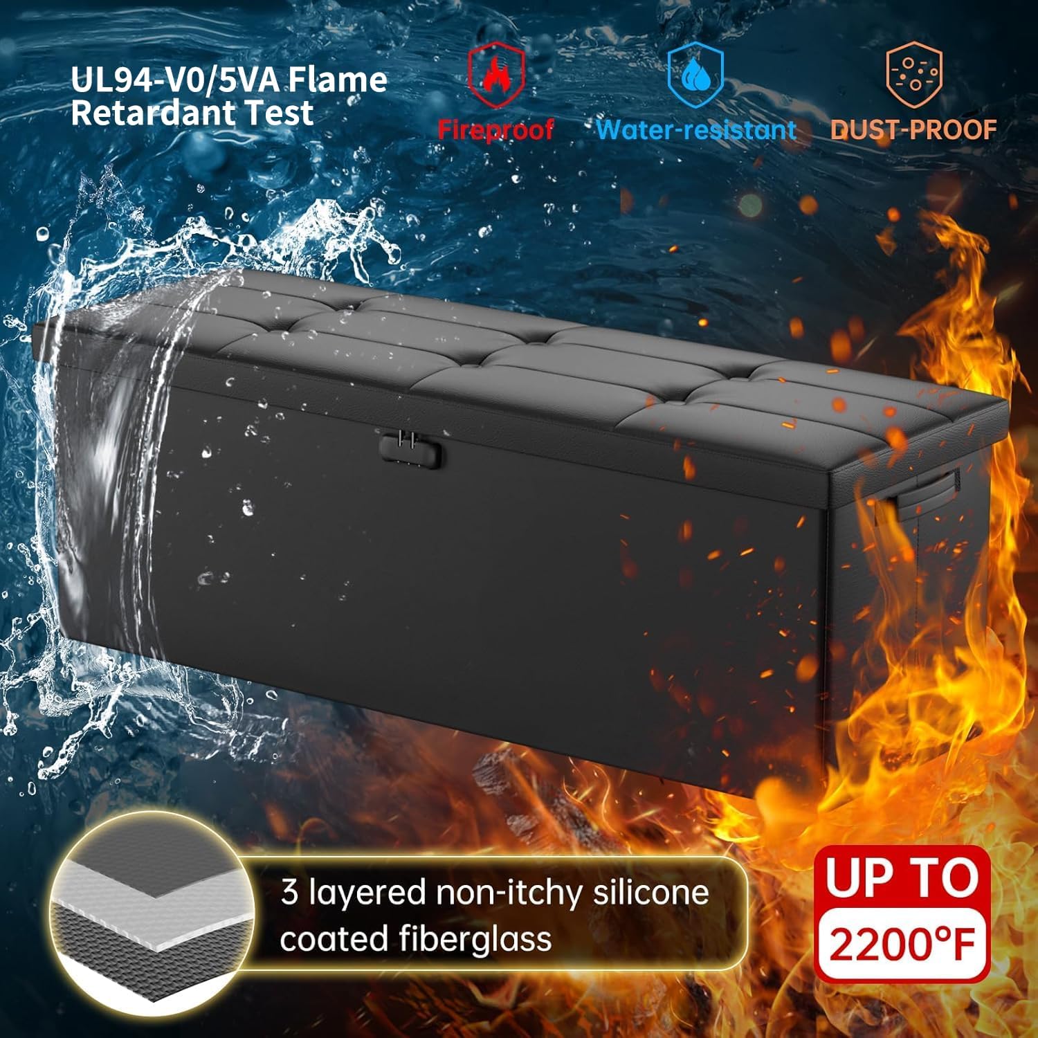 DocSafe Storage Ottoman Bench,Fireproof＆Waterproof Folding Bench with Lock(15”x 43”x15”),Leather Storage Chest with Handles＆2 Extra Boxes,Ottoman Safe for Bedroom,Living Room,Home Office,Black