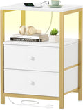BOLUO Gold Nightstand with Charging Station, LED Night Stand with 2 Fabric Drawers, Bedside Table with USB Ports and Outlets, Nightstand for Bedroom Modern