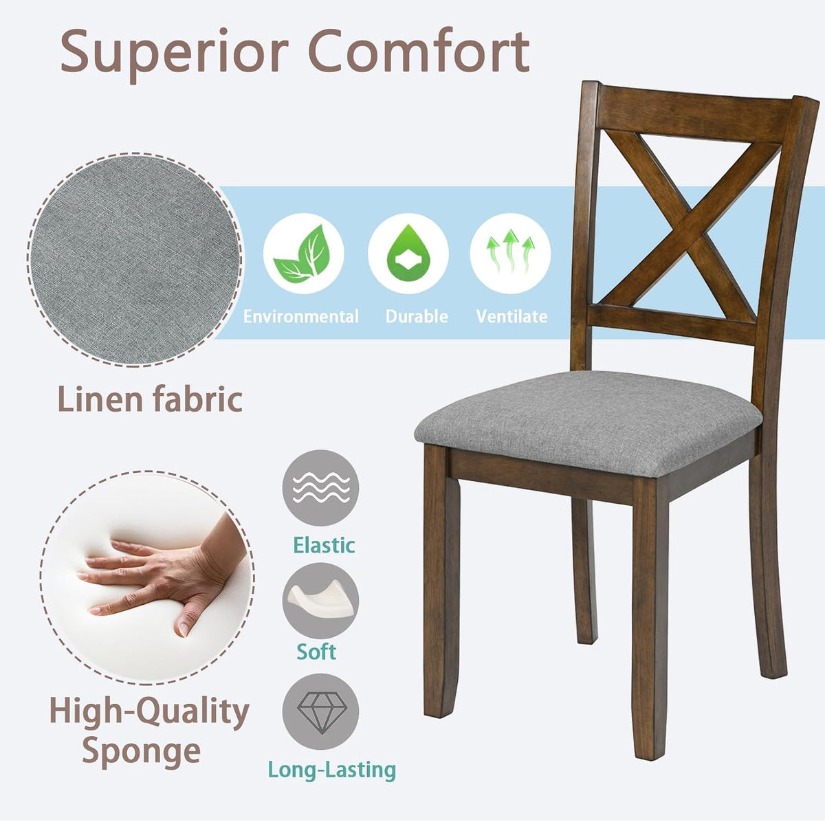 Ball & Cast Wood Frame Dining Chairs Set of 4, Modern Linen Upholstered Kitchen-Chairs with Padded Seat, 330lb Heavy Duty X-Backrest Side Chair for Dining Living Room, Easy Assembly, Walnut