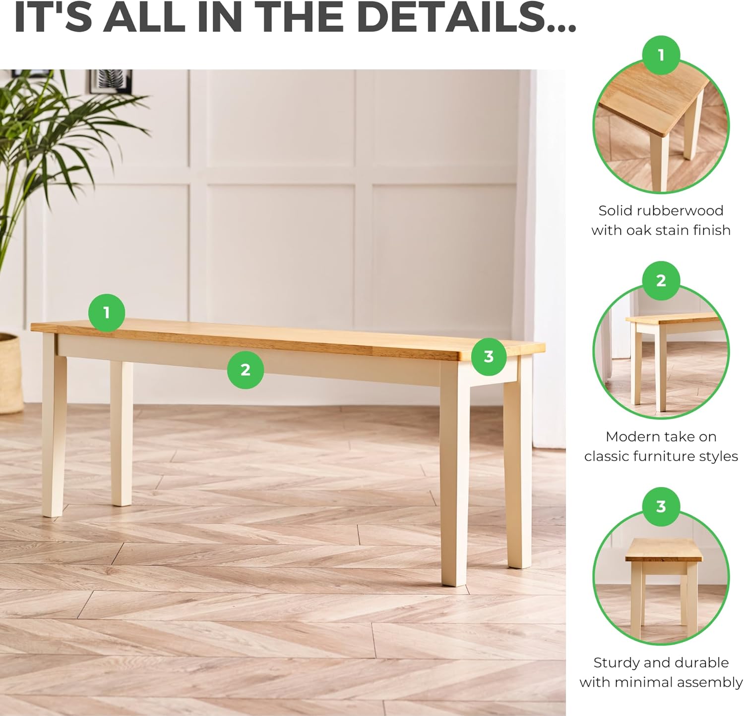 Furniturebox UK Large Wood Dining Bench - Tenby Cream Wood Indoor Bench Stool - Dining Kitchen Bedroom - Pale Oak Stain Seat Cream Legs Take on Traditional Farmhouse Dining Furniture