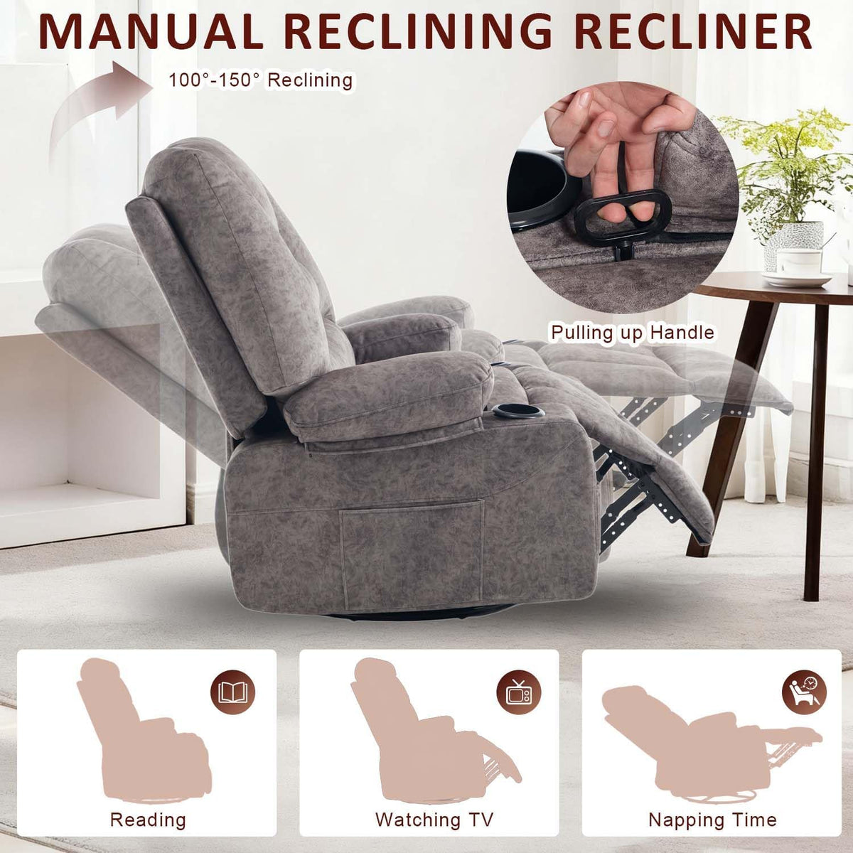 KCQ Oversized Swivel Rocker Recliner Chair with Massage Heat Cup Holders, Overstuffed Fabric Heated Massaging Swivel Glider Chair Rocking Recliner Chair, Grey
