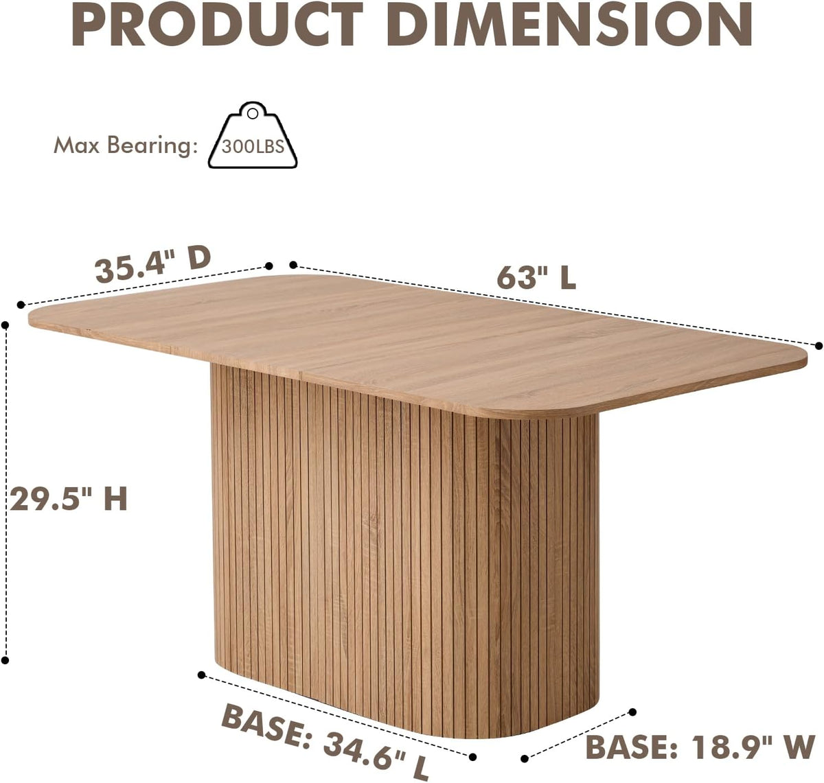63" Large Dining Table for 4 6, [Rounded Corners] [Grooved Pedestal Base] Modern Rectangle Kitchen Dinner Dining Living Room Table