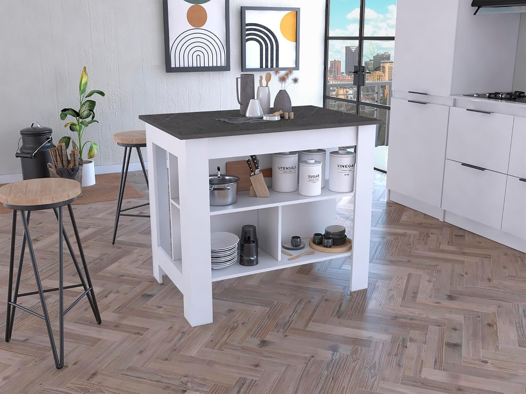 Kitchen Island with Four Legs and Three Shelves - White/Onyx | Three-tiered design with four legs and modern white/onyx finish