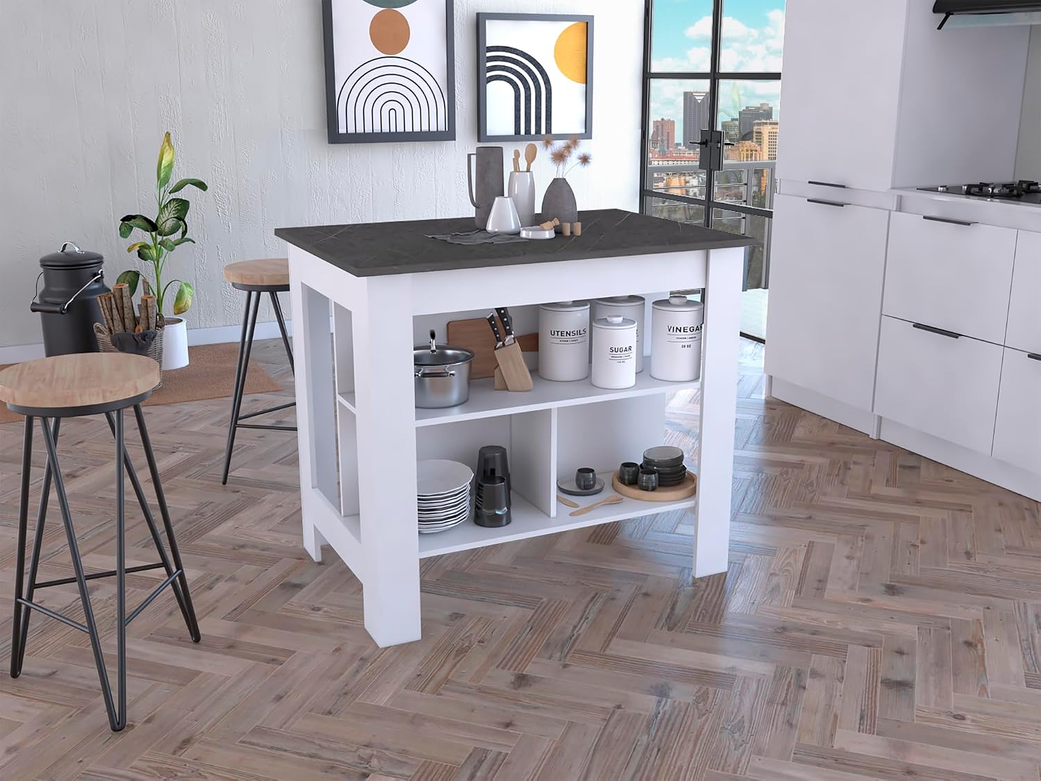 Kitchen Island with Four Legs and Three Shelves - White/Onyx | Three-tiered design with four legs and modern white/onyx finish