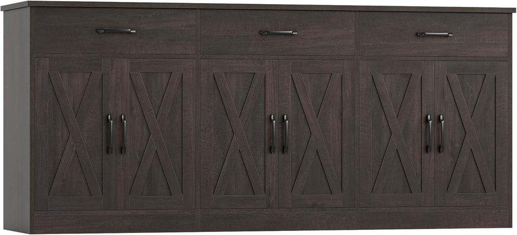 HOSTACK 71"W Farmhouse Kitchen Sideboard Buffet Cabinet with Storage, Brown