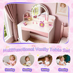 Teckid Kids Vanity Table and Chair Set with Lighted USB Mirror & Shelf | 3-mode USB lighted mirror with USB port. Open bookshelf. Small shelf below. Round corners. Stable stool. Easy to clean