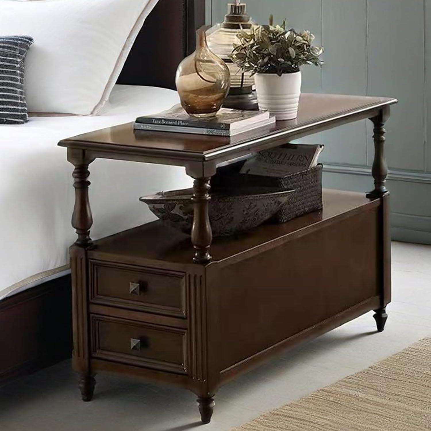 YUNMUARY-Solid Wood End Table with 2 Drawer Mid-Century Nightstand Narrow Side Tables with Storage Dark Walnut Side Tables for Living Room Small Space Sofa Side Table,Easy Assembly