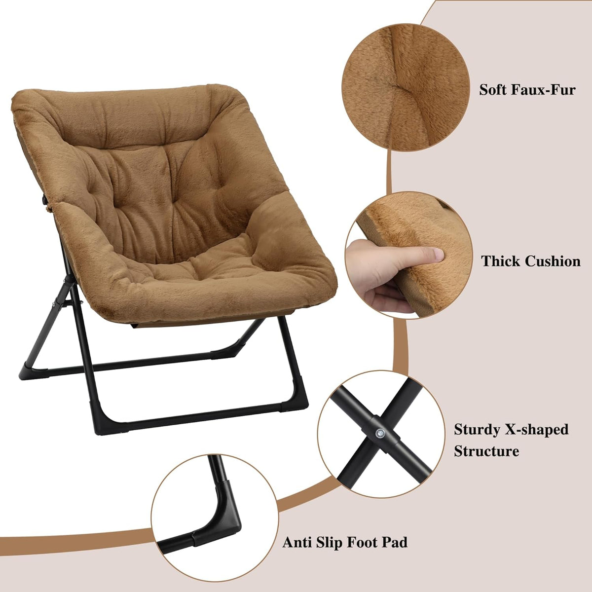 Comfy Saucer Chair for Adults, Set of 2, Soft Faux Fur Bedroom Chair, Accent Dorm Chairs, Flexible Living Room Reading Chairs, Oversized Folding Lounge Seat for Teens, X-Large, Brown