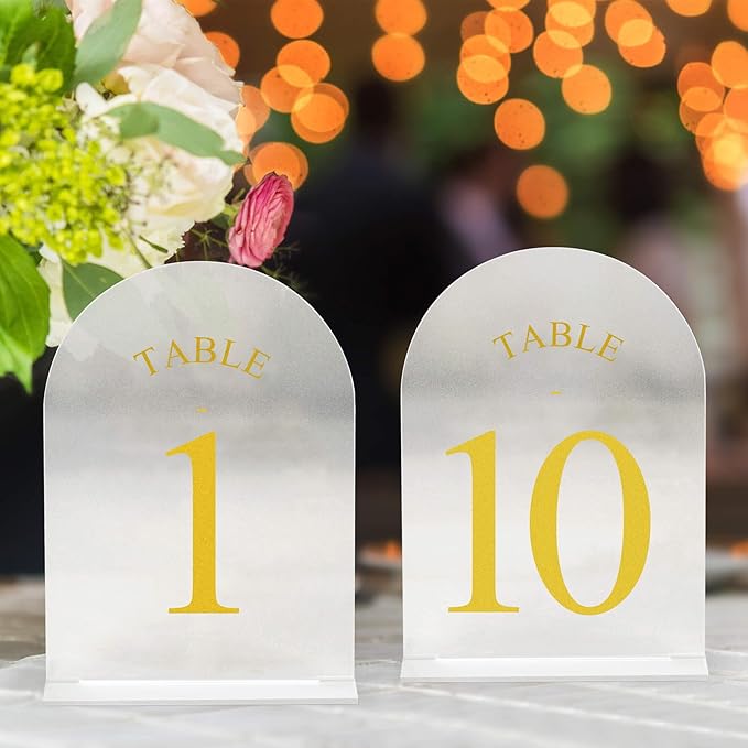 JOYIT Frosted Arch Wedding Table Numbers 1-10 with Stands – 5" X 7" Acrylic Gold Table Number Holders, Perfect for Wedding Receptions, Parties, Anniversaries, and Events